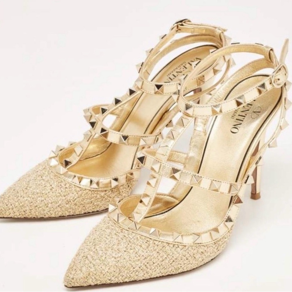 Valentino Garavani Gold and Cream Studded Heels - Picture 7 of 8